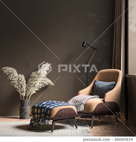 Modern beautiful interior with a colored wall, carpet and a stylish sofa. Contrasting loft design. 3D rendering 86660934