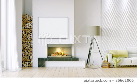 Modern beautiful interior of the room with light walls, large windows and stylish furniture. Bright design in Scandinavian style. 3D rendering 86661006