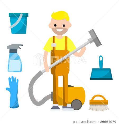 Man in orange jumpsuit stand with vacuum hose to clean house from dust and dirt. Man in orange jumpsuit stand with vacuum hose to clean house from dust and dirt. 86661079