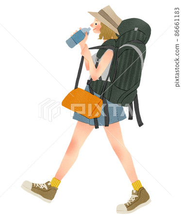 一個背著背包旅行的人，一個女人的手繪插圖 86661183