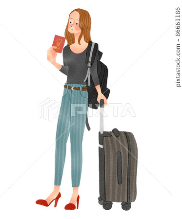 一個帶著護照和手提箱旅行的女人的手繪插圖 86661186