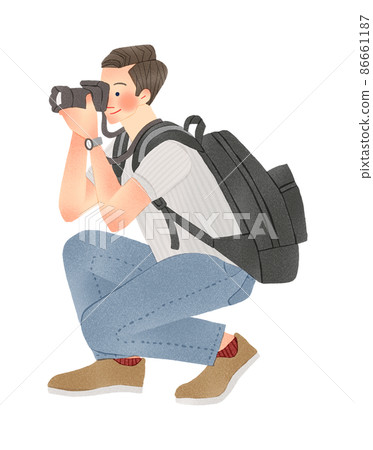 Hand-drawn illustration of a man holding a camera 86661187