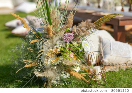 Street decorations prepared for a birthday, in summer green garden Street decorations prepared for a birthday, in summer green garden 86661330