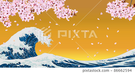 北齋的浮世繪風格波浪、櫻花和金色背景橫幅櫻花吹雪 86662594