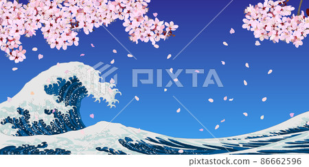 在深藍色的天空中閃耀的櫻花、暴風雪和浮世繪風格的海浪 在深藍色的天空中閃耀的櫻花、暴風雪和浮世繪風格的海浪 86662596
