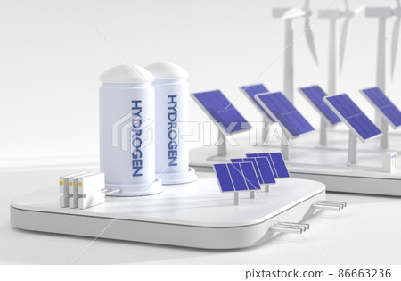 Hydrogen energy factory, isometric 3d render. Renewable power generation concept with wind turbines, solar panels, battery bank and tank container, angle view close up. Environment protection 86663236