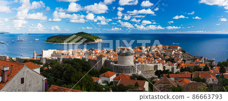 Dubrovnik's old town, Minceta fortress and Lokrum island seen from Mount Srđ, Croatia Dubrovnik's old town, Minceta fortress and Lokrum island seen from Mount Srđ, Croatia 86663793