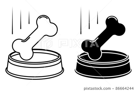Line icon. Bone falls into the dog bowl. Pet food and treats. Simple black and white vector isolated on white background 86664244
