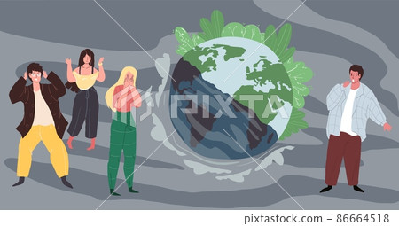 Flat cartoon characters shocked by state of planet Earth,environmental protection vector illustration concept 86664518
