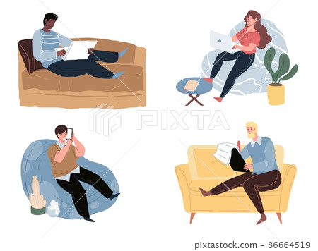 Cartoon flat characters sitting on sofa and chairs,home leisure and online work vector illustrations set Cartoon flat characters sitting on sofa and chairs,home leisure and online work vector illustrations set 86664519