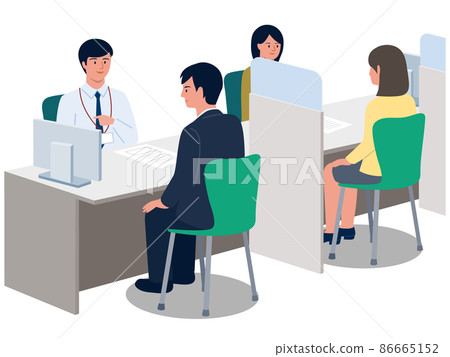 Vector illustration of job seekers looking for a job at Hello Work and the staff at the counter 86665152