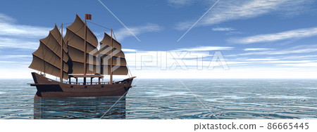 Brown oriental junk on the water -3D render Brown oriental junk on the water -3D render 86665445