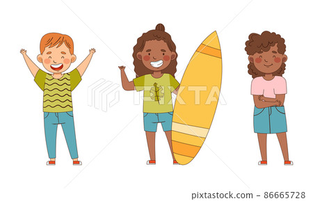 Emoji Girl and Boy Showing Shaka Sign and Raising Hands Vector Set 86665728