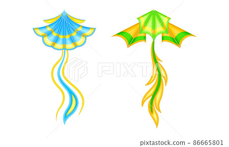 Colorful flying kites set. Festival kite with ribbons, summer game element cartoon vector illustration 86665801