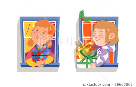 Cute kids giving or receiving gifts through opened window cartoon vector illustration 86665802
