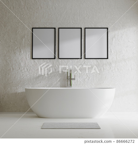 poster frame mock up in modern bathroom with bathtub and decorative concrete wall with sunlight shadow, 3d rendering 86666272