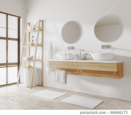 Modern apartment bathroom interior with two sinks, wooden cabinets and ladder, towels and window, 3d rendering 86666275
