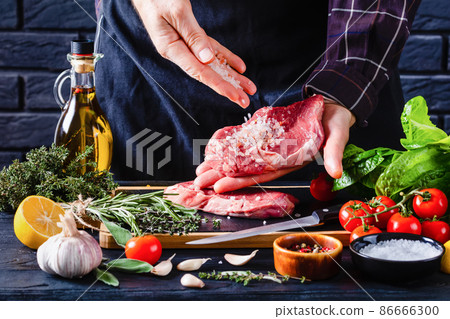 chef is sprinkling salt on striploin steaks chef is sprinkling salt on striploin steaks 86666300
