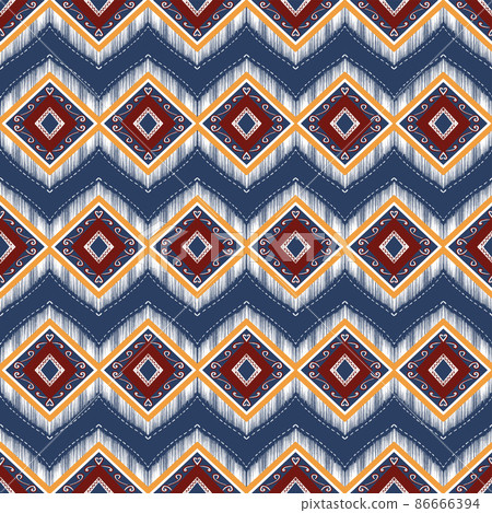 Red, Yellow, White on Navy Blue. Geometric ethnic oriental pattern traditional Design for background,carpet,wallpaper,clothing,wrapping,Batik,fabric, vector illustration embroidery style Red, Yellow, White on Navy Blue. Geometric ethnic oriental pattern traditional Design for background,carpet,wallpaper,clothing,wrapping,Batik,fabric, vector illustration embroidery style 86666394