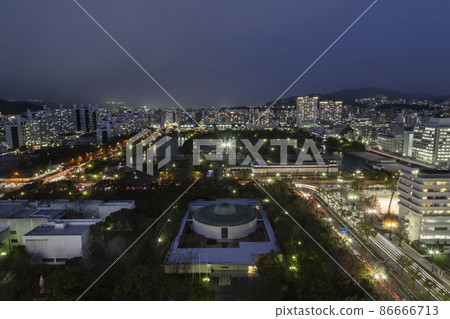 Night view aerial view of Hiroshima Castle and its surroundings 86666713