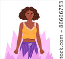 Angry furious irritated black woman clenching fists, on the verge of psychological breakdown, surrounded by fire. Hand drawn character. Flat isolated vector illustration. 86666753