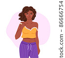 Black woman, wearing pajamas, demonstrating sexual attraction, passion and desire. Flirty blushing young woman. PMS symptom. Hand drawn character. Flat vector illustration. 86666754