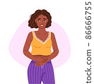 Black woman, suffering from acute abdominal pain, diarrhea, bloating, holds her stomach. Painful menstruation. Hand drawn character. Vector flat illustration. 86666755