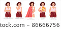 Pms symptoms and menstrual pain. Sensitive breast, mood swings, insomnia, food craving, fluid retention. Set of women suffering from premenstrual syndrome. Hand drawn flat vector illustration. 86666756