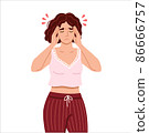 Woman suffering from headache and pain, pressing hands to the throbbing areas of her head. Overwork, stress, premenstrual syndrom. Vector hand-drawn character. 86666757