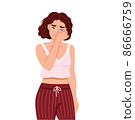 Sad crying woman wipes away tears. Weeping, sobbing, shedding tears character. Depressed unhappy upset girl. Hand drawn cartoon character. Vector flat isolated illustration. 86666759