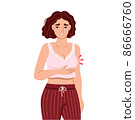Breast tenderness. Woman suffering from symptom of premenstrual syndrome. Sensitive swollen breast. Hand drawn cartoon character. Vector flat isolated illustration. 86666760