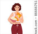 Black woman holding potato chips and big bucket of popcorn. Food craving, increased appetite. Flat cartoon character. Hand drawn vector illustration. 86666761