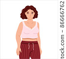 Sad unhappy overweight plump woman in home pajama, suffering from fluid retention. Premenstrual symptom. Hand drawn isolated vector illustration. 86666762