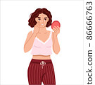 Acne, spotty skin. Woman looking in round mirror. Skincare, skin problems, pimples concept. Symptom of pms. Hand drawn cartoon character. Vector flat isolated illustration. 86666763