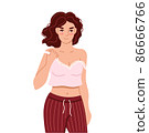 Woman, wearing home pajamas, demonstrating sexual attraction, passion and desire. Flirty blushing young woman. PMS symptom. Hand drawn character. Flat vector illustration. 86666766