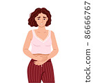 Woman, suffering from acute abdominal pain, diarrhea, bloating, holds her stomach. Painful menstruation. Hand drawn character. Vector flat illustration. 86666767