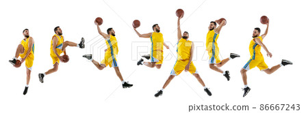 In motion. Development of movements of basketball player with ball isolated on white studio background. Motion, activity, movement concept. Horizontal flyer 86667243