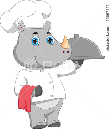 cartoon chef rhino carrying food tray 86667321