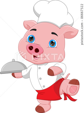 cartoon chef pig carrying food tray 86667322