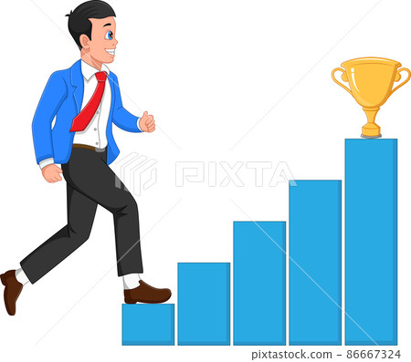 Business man climbs the ladder of success. Business man wants to win the gold trophy 86667324