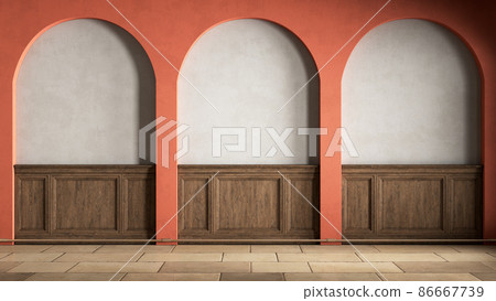 Interior with orange arcs and wall panel. 3d render illustration mockup. 86667739