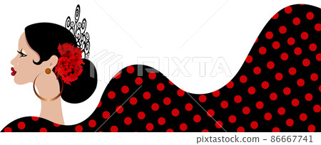beautiful portrait Spanish Latin woman banner, hairstyles for flamenco girl wearing folk accessories peineta, red rose flower and earrings, polka dot dress, vector isolated on white background  86667741