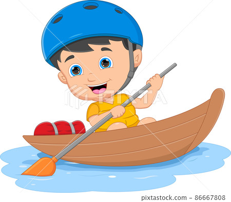 Cartoon Little Boy Rowing Wooden Boat Cartoon Little Boy Rowing Wooden Boat 86667808