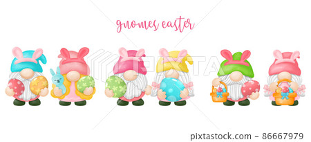 Watercolor happy Gnomes Easter Clipart, rabbit, egg, Digital painting Watercolor happy Gnomes Easter Clipart, rabbit, egg, Digital painting 86667979