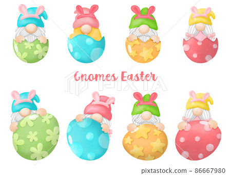 Watercolor happy Gnomes Easter Clipart, rabbit, egg, Digital painting 86667980