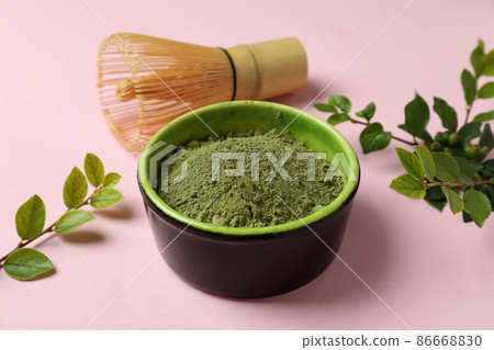 Concept of japanese tea with matcha on pink background 86668830