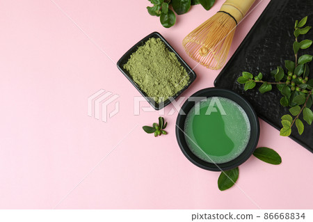 Concept of japanese tea with matcha on pink background Concept of japanese tea with matcha on pink background 86668834