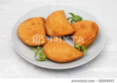 typical portuguese appetizer rissois de carne on plate 86669695