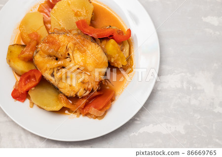 typical portuguese fish stew on white plate typical portuguese fish stew on white plate 86669765