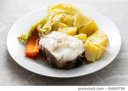 boiled fish with boiled potato, carrot and cabbage boiled fish with boiled potato, carrot and cabbage 86669786